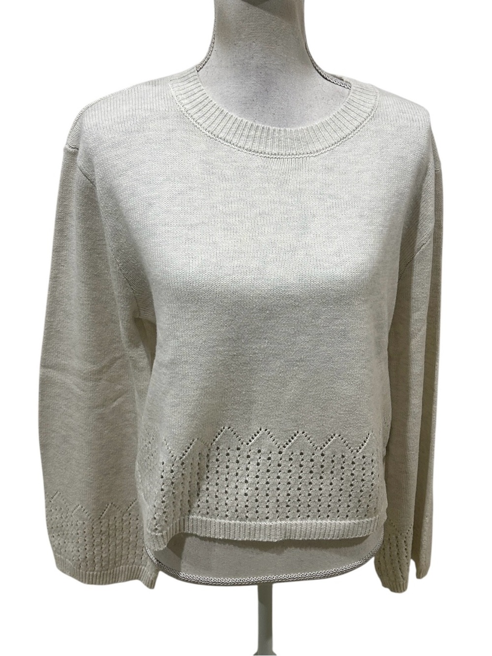 Miou muse Crewneck Eyelet Hem Sweater Light Cream balloon sleeve size large